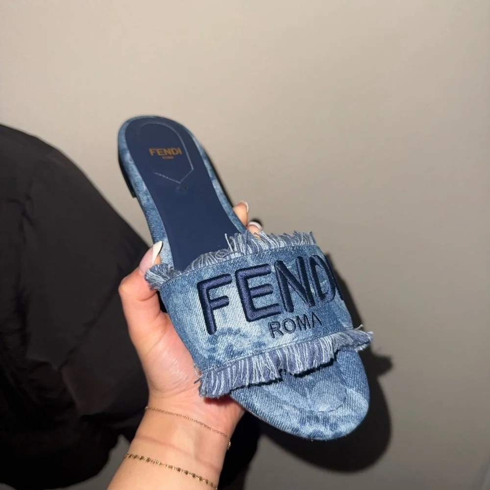 Fendi Denim Blue Frayed Slide Sandals - Picture 1 of 2